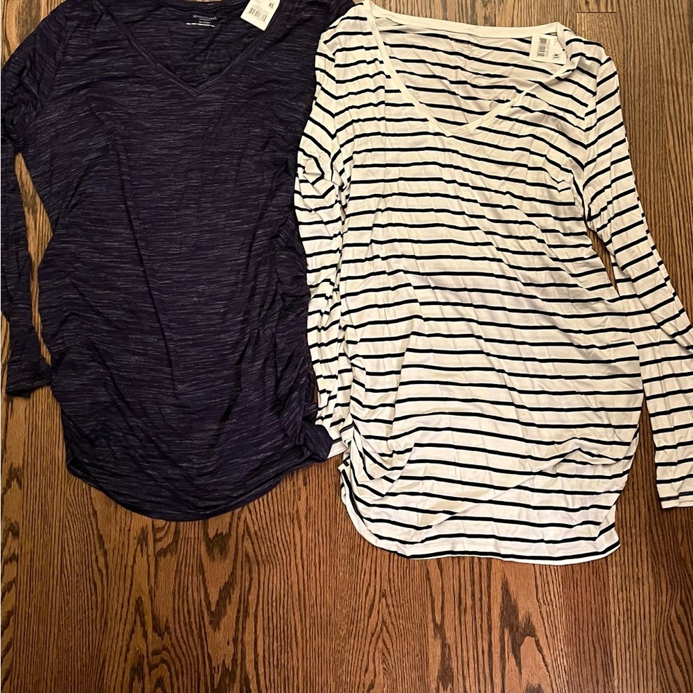 Motherhood Maternity Navy and White Striped V-Neck Tops